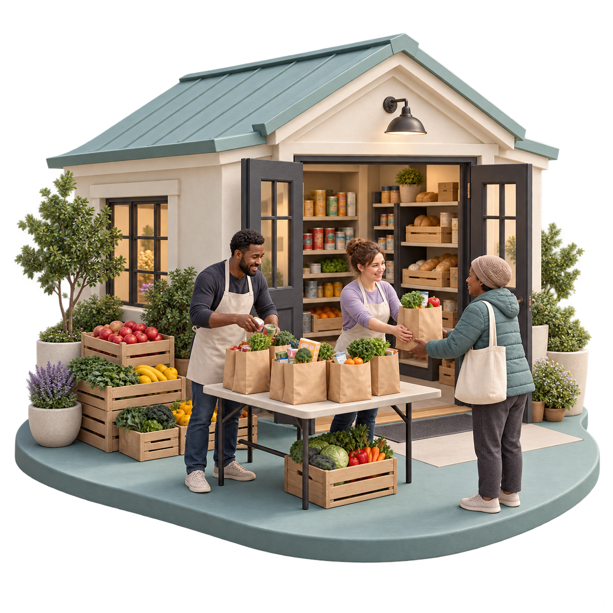 Illustration: volunteers at a food pantry