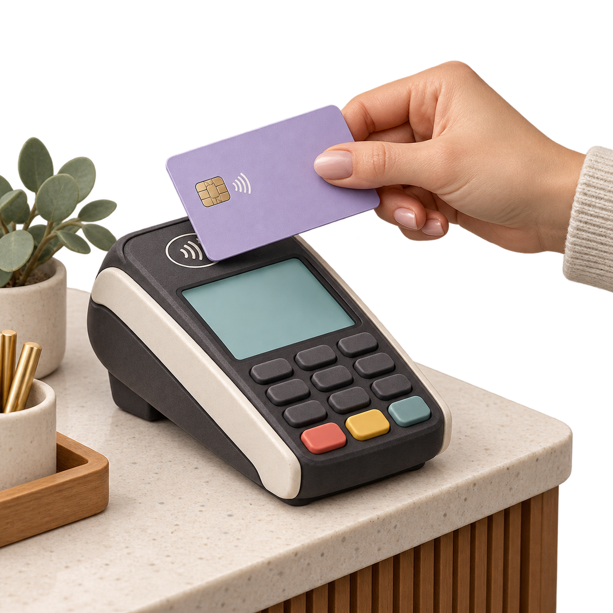 Illustration: a customer paying with a contactless card at a local shop