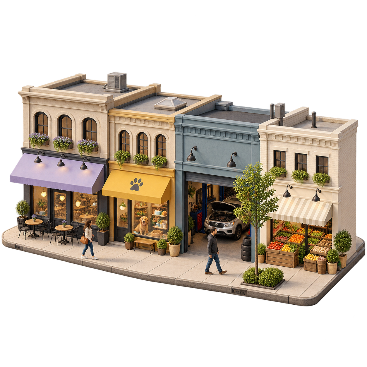 Illustration: a street of neighborhood businesses