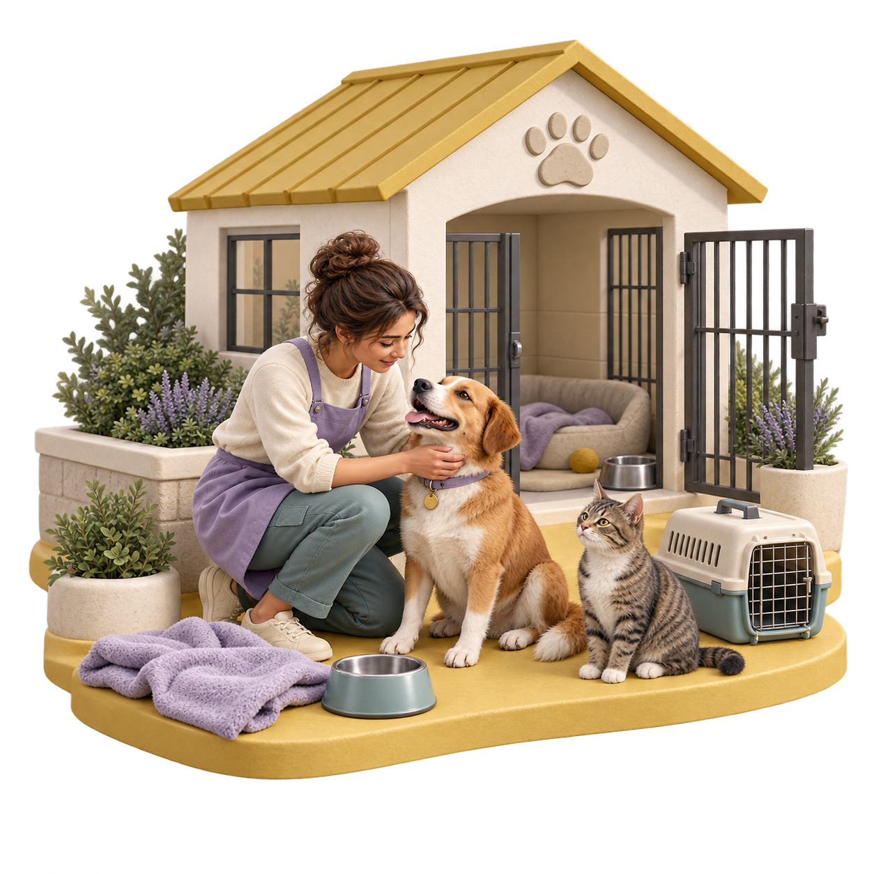 Illustration: an animal rescue caring for dogs and cats
